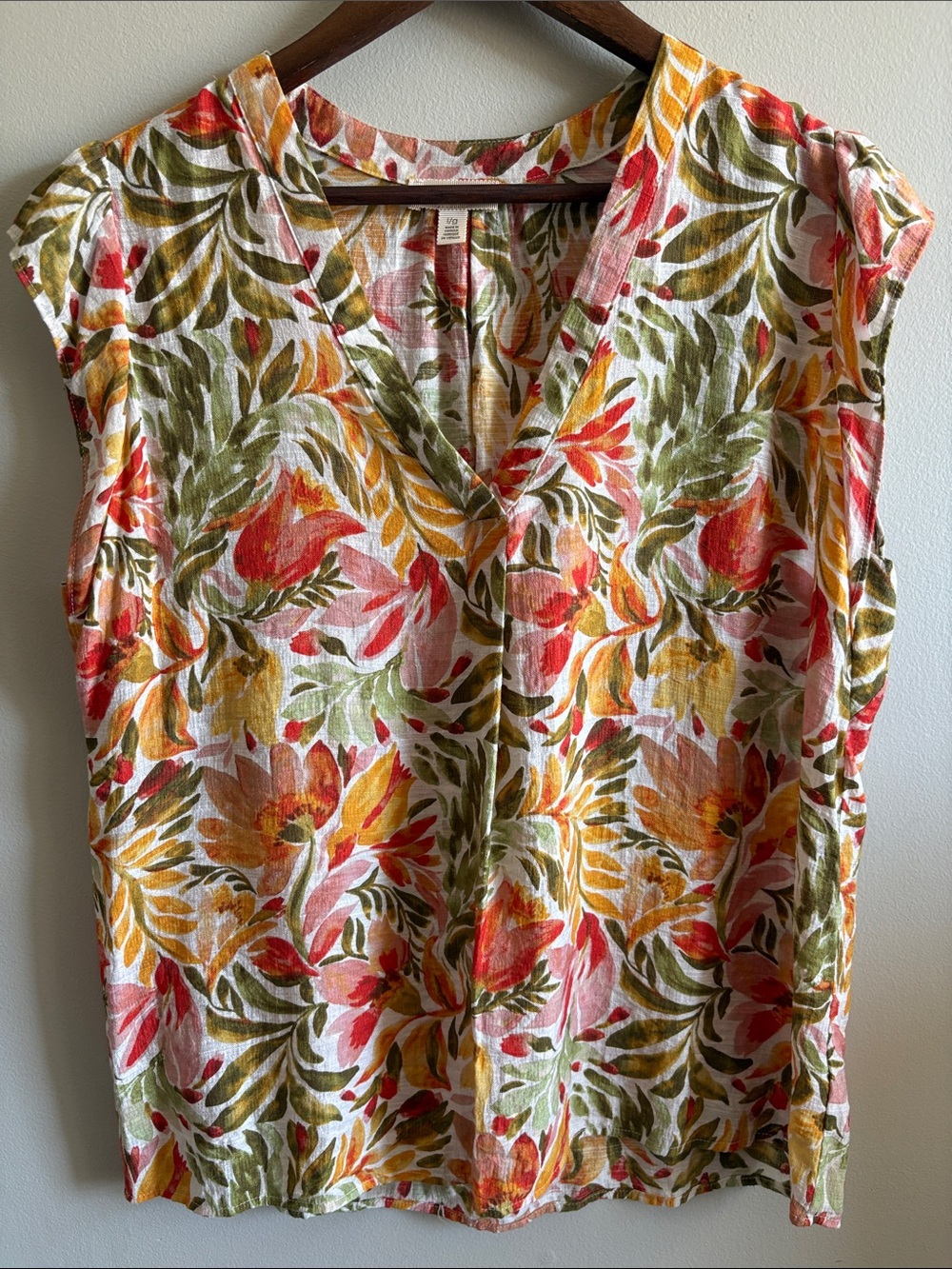 Tamara H Floral Linen Blend Blouse Size 1X Tropical Botanical Cap Sleeve Top